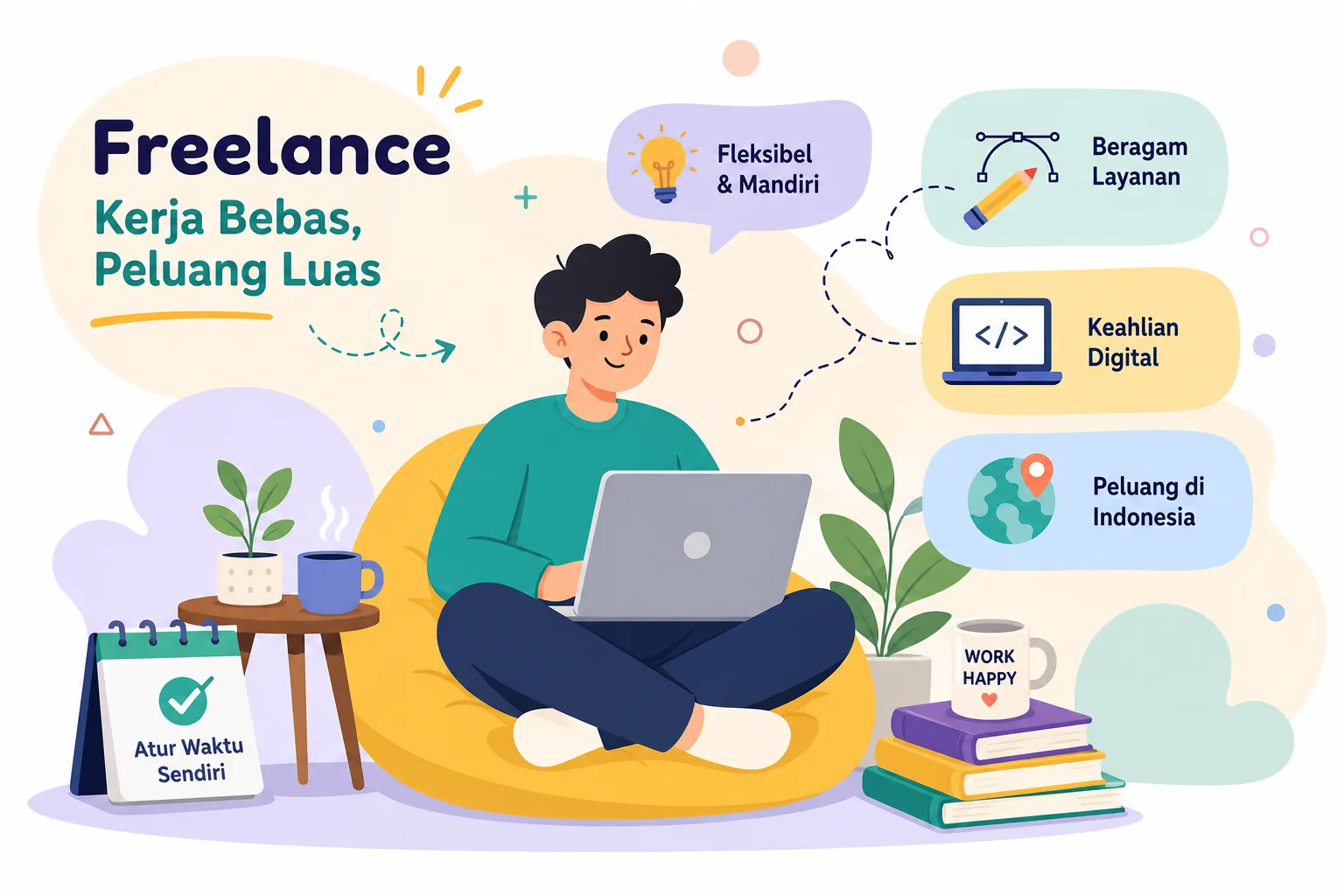 Ilustrasi freelancer bekerja dengan laptop, dikelilingi simbol desain, keahlian digital, dan pengaturan waktu.