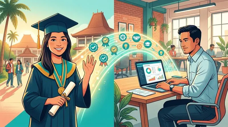 Split-screen: fresh graduate Indonesia di sisi kiri dengan toga, career switcher berpengalaman di sisi kanan dengan laptop, keduanya optimis