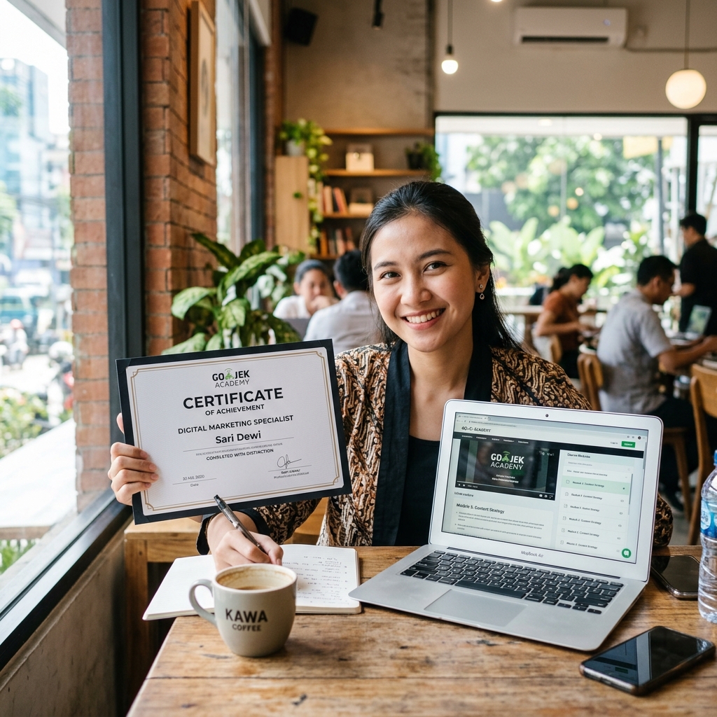 Peserta pelatihan vokasi online bersertifikat sedang belajar dari laptop