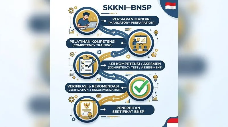 Infografik menjelaskan alur sertifikasi kompetensi SKKNI-BNSP dengan ikon langkah-langkah dari pelatihan hingga terbitnya sertifikat