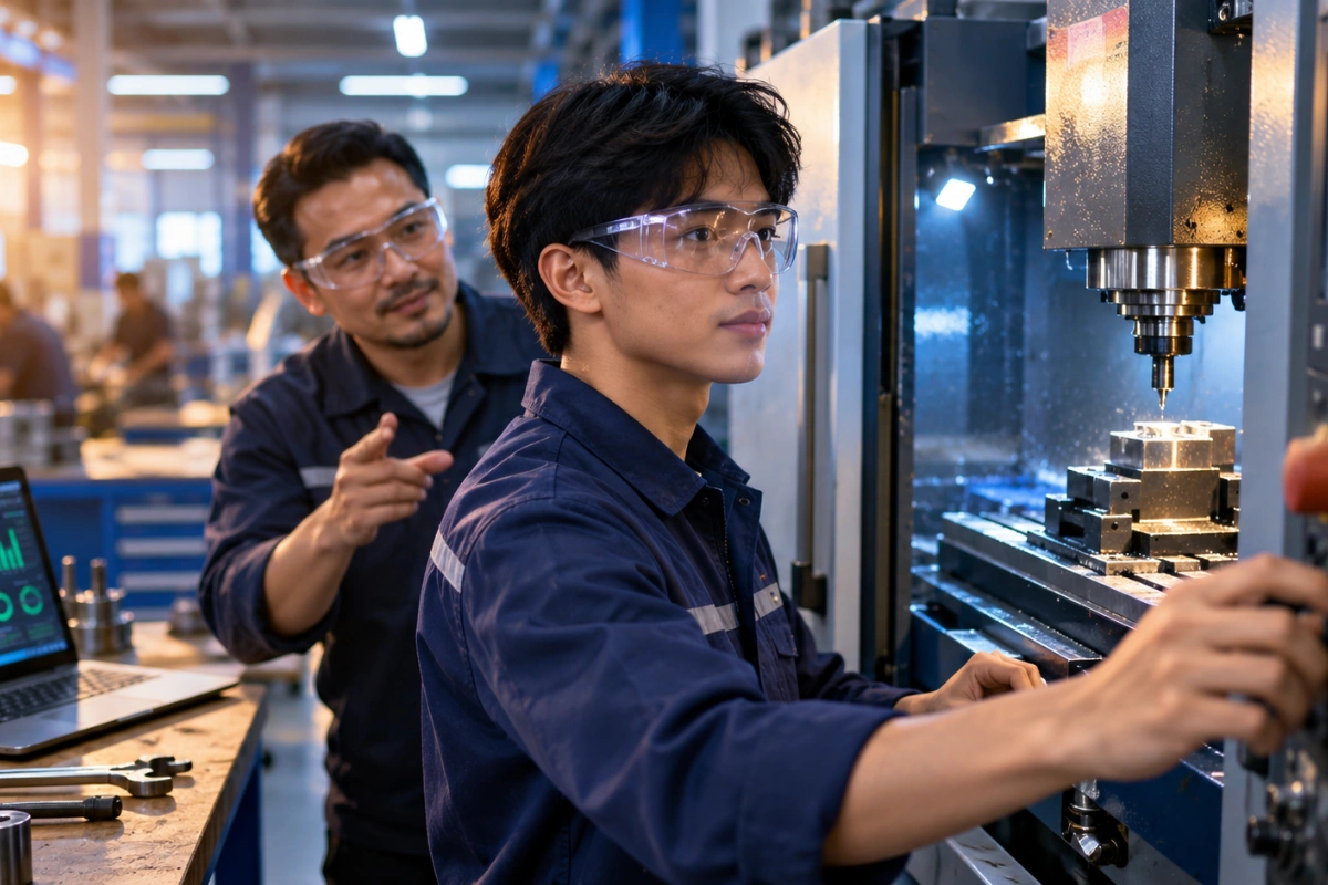 Peserta pelatihan vokasi belajar keterampilan teknis di workshop modern, siap kerja kompetitif