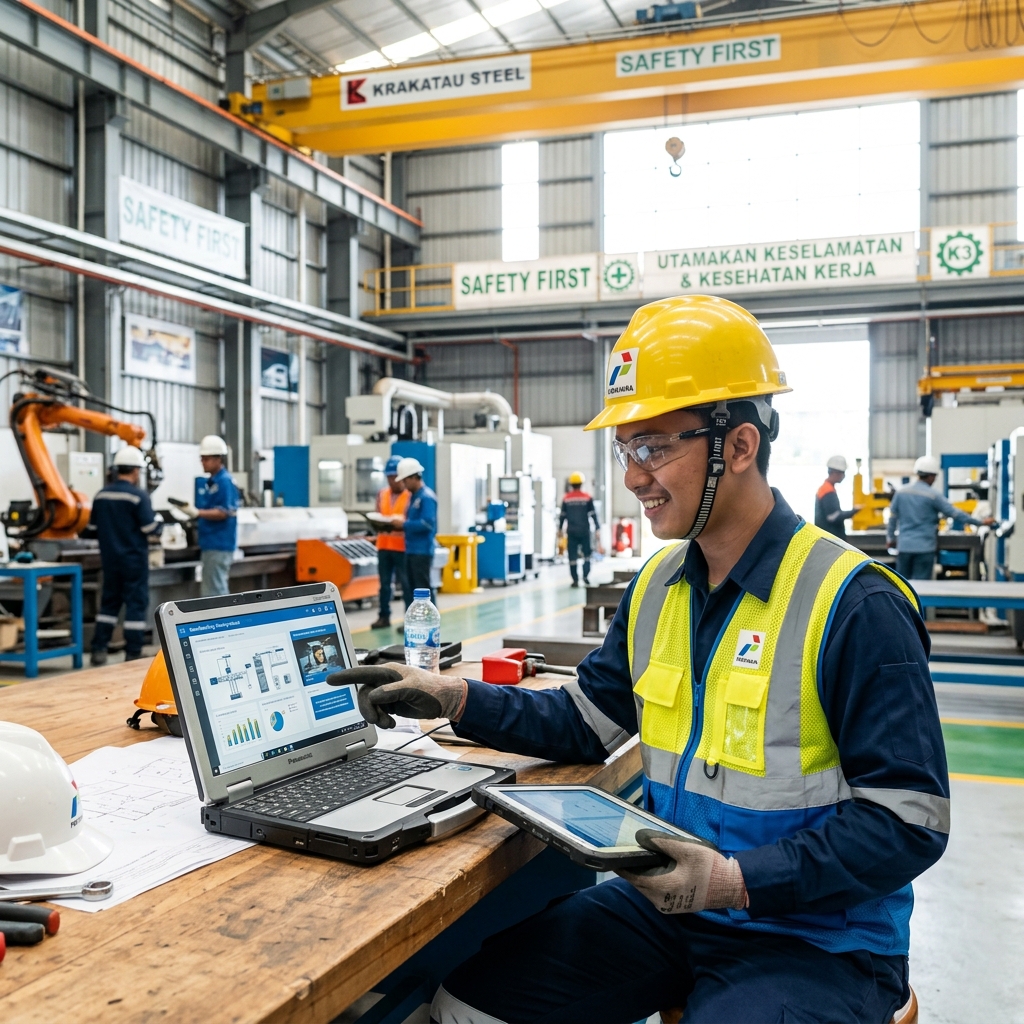 Pekerja industri menggunakan perlengkapan K3 sedang belajar menggunakan tablet di area pabrik