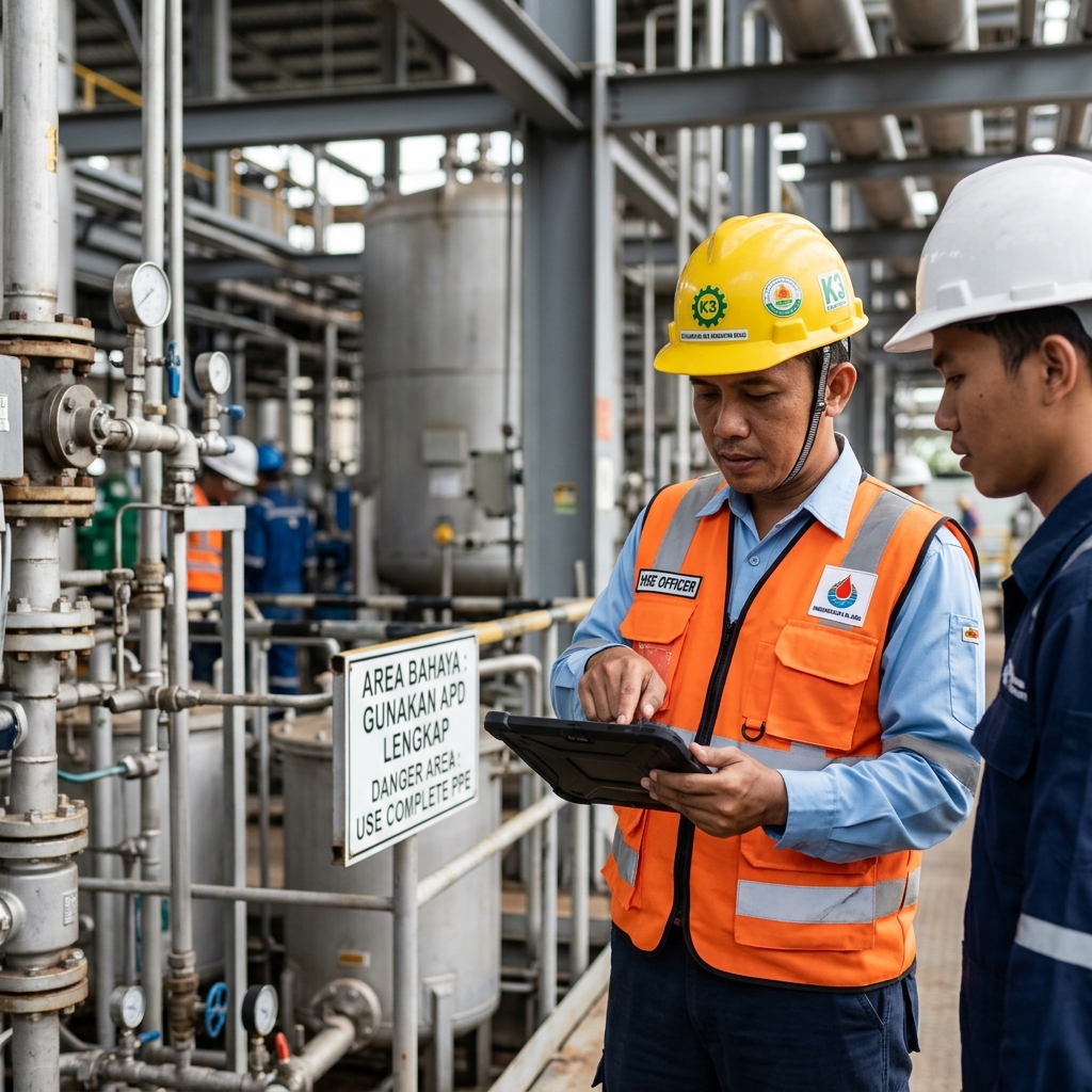 HSE officer sedang melakukan inspeksi identifikasi bahaya (HIRA) di area pabrik industri