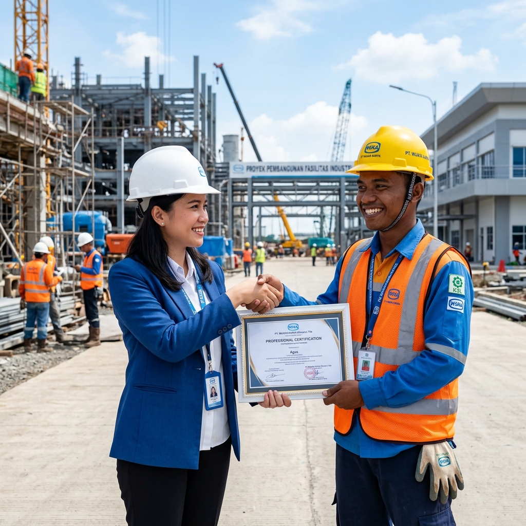 Pekerja konstruksi Indonesia menerima sertifikat K3 dari atasannya di area proyek
