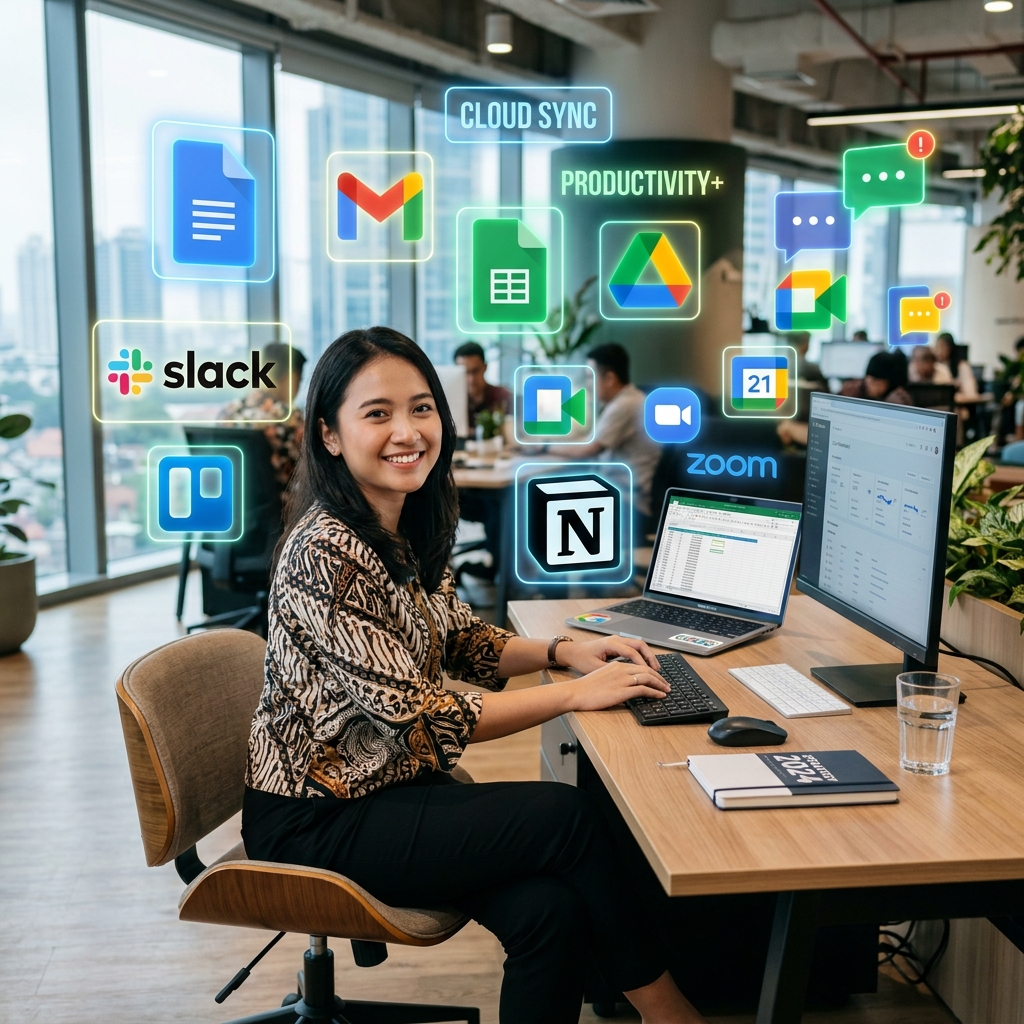 Profesional muda Indonesia bekerja di depan laptop dengan ikon aplikasi digital dan cloud mengapung di sekitarnya