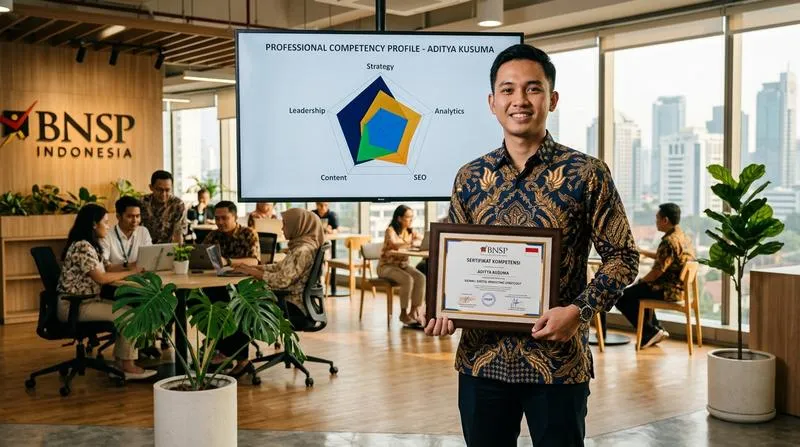 Profesional muda Indonesia menunjukkan sertifikat kompetensi di depan laptop dengan dashboard skill assessment