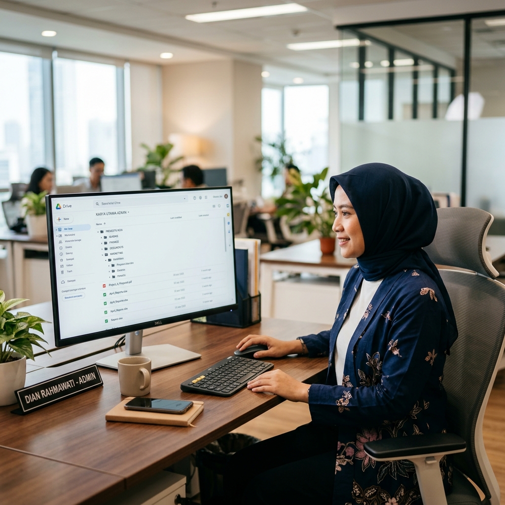 Staf administrasi wanita Indonesia menata arsip digital di layar monitor dengan tampilan folder yang rapi
