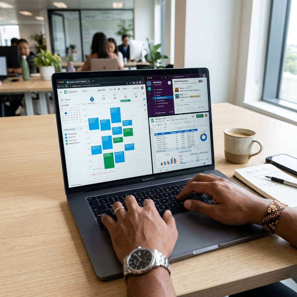 Tangan profesional sedang mengetik di laptop dengan berbagai aplikasi produktivitas digital terbuka