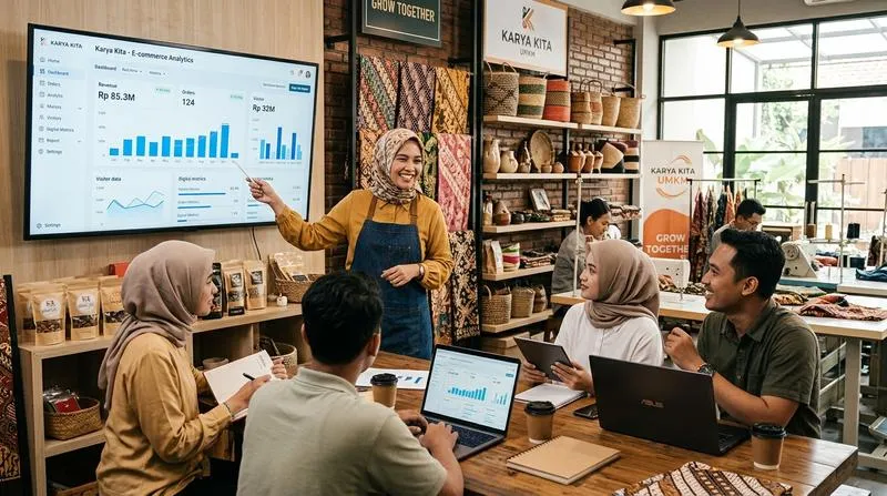 Pemilik UMKM Indonesia melatih karyawannya menggunakan laptop di workshop modern dengan latar belakang produk lokal