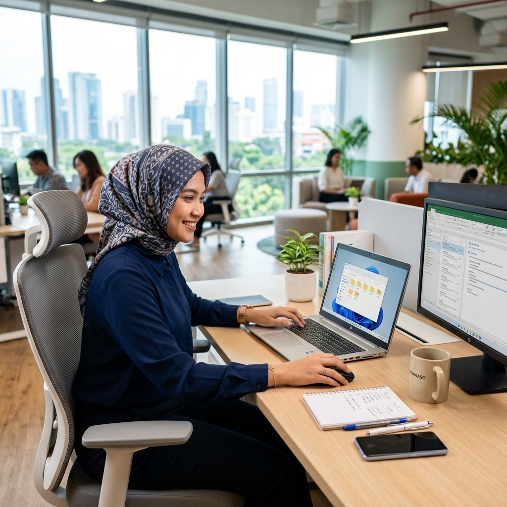Staf administrasi perkantoran modern sedang menyusun arsip digital dan mengelola data melalui laptop di kantor